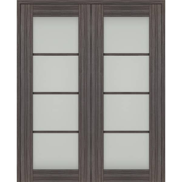 Paola 60 in. x 96 in. Both Active 4-Lite Frosted Glass Gray Oak Wood Composite Double Prehung French Door