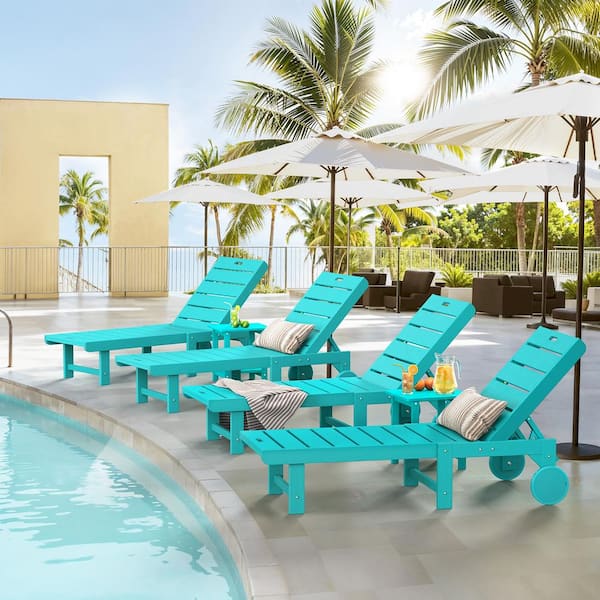 LUE BONA Heli Recycled Aruba Blue Patio Lounge Chair Plastic Stackable Outdoor Chaise Lounge Chair With Table Set of 6