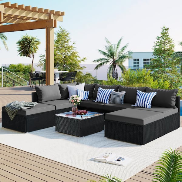 Polibi Black 8-Pieces Patio Wicker Outdoor Conversation Sets with Gray Cushions