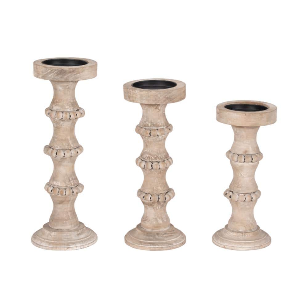 Ivory Distressed Wood Tabletop Candlestick with Decorative Beads