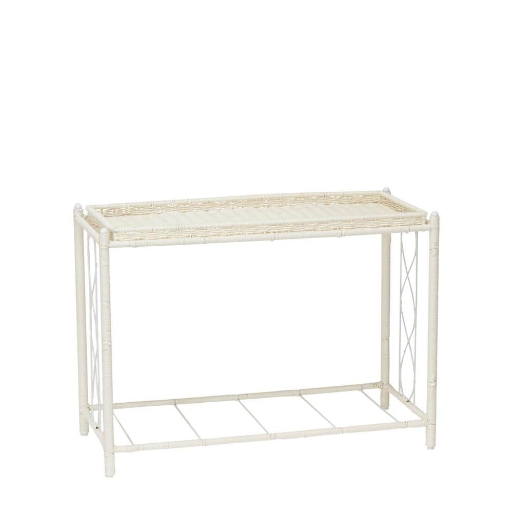 White Resin Wicker Two-Tier Indoor Outdoor Planter Stand