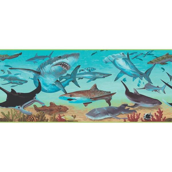 The Wallpaper Company 10.25 in. x 15 ft. Blue Shark Attack Border