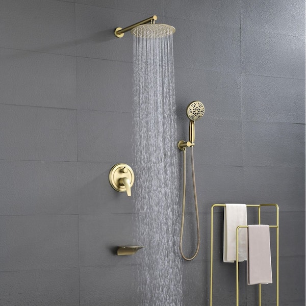 3-Spray 10 in. Round Wall Mount Dual Fixed and Handheld Shower Head with Tub Spout in Brushed Gold