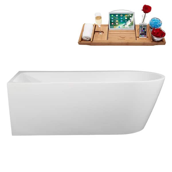 Streamline 65 in. x 32 in. Acrylic Freestanding Soaking Bathtub in Glossy White With Matte Oil Rubbed Bronze Drain, Bamboo Tray