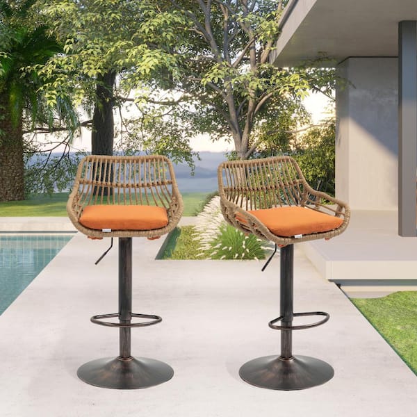 HOMEFUN 43 in. Anti-Bronze Metal Frame Adjustable Outdoor Bar Stool with Orange Rattan Removable Cushioned Seat (Set of 2)