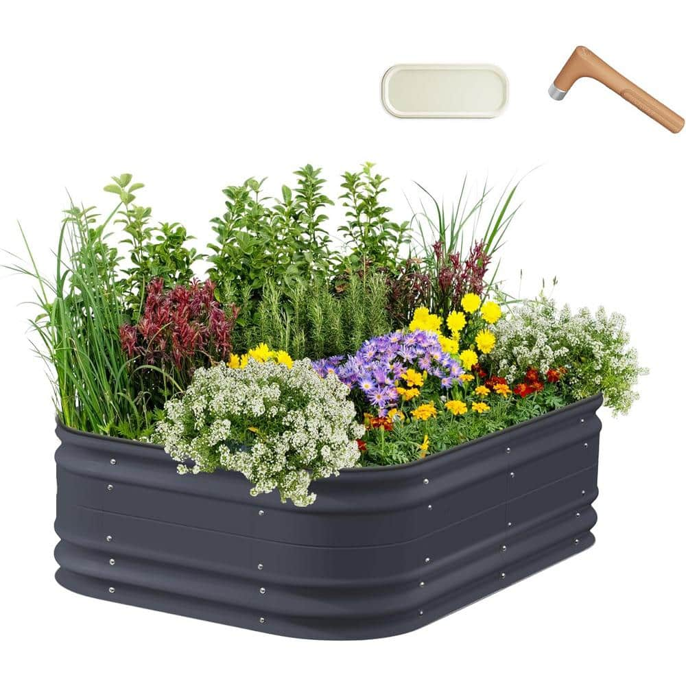 vego garden 17" Tall 6 in 1 Novel Modular Raised Garden Bed Kit Metal Planter Box with 2 in 1 Wrench Magnetic Plant Tags Modern Gray