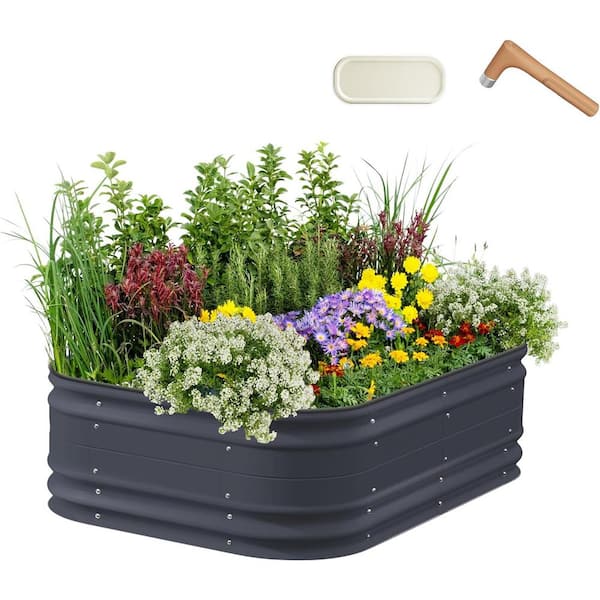 vego garden 17" Tall 6-in-1 Novel Modular Raised Garden Bed Kit Metal Planter Box with 2-in-1 Wrench Magnetic Plant Tags Modern Gray