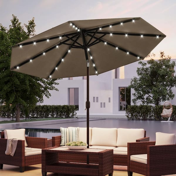 10 ft. Steel Solar Market Patio Umbrella Outdoor Table Umbrella With Tilt Button in Taupe