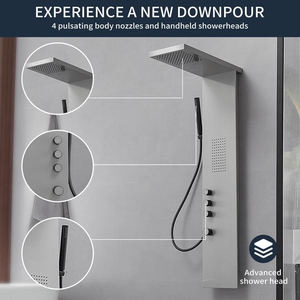 Brushed Nickel Multi-Function Shower Panel with Rainfall and Massage Jets