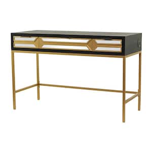 20 in. Rectangle Black Wood 3 Drawers Computer Desk with Mirrored Front and Outlet
