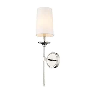 Emily 5.5 in. 1-Light Polished Nickel Wall Sconce with Off White Cloth Cover Shade