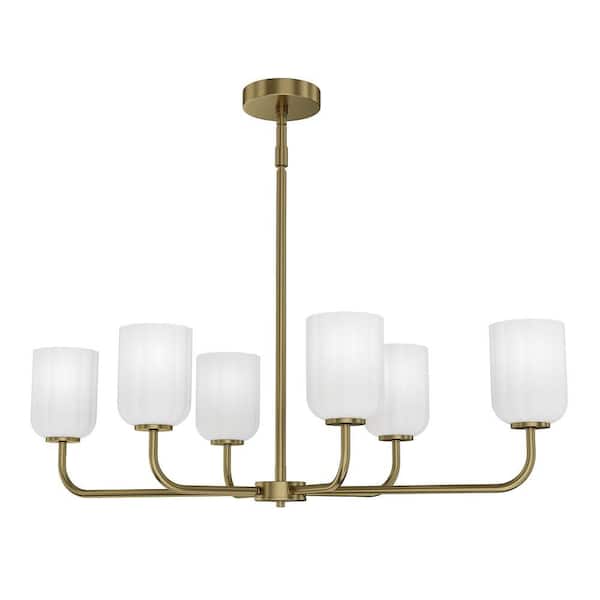 LumLight Parkmont 34 in. Plug and Play 6-Light Lacquered Brass Linear Chandelier with SkyPlug