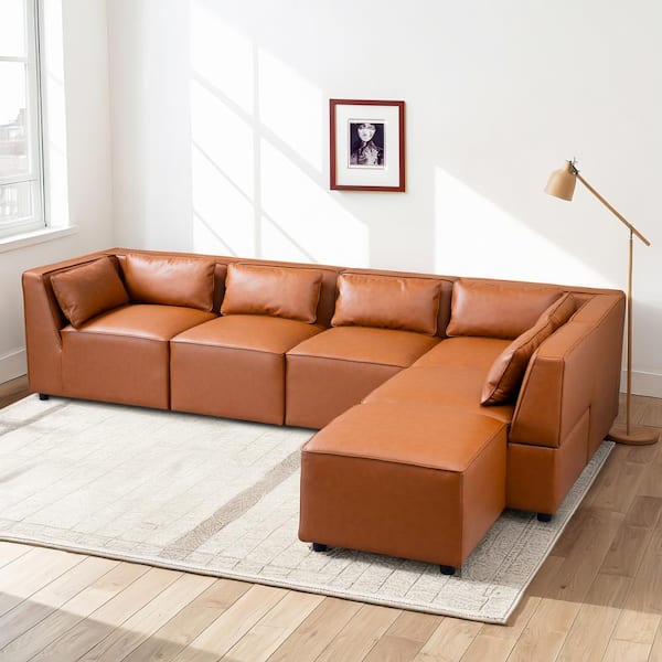 Ashcroft Furniture Co Clyde 92.5 in. Square Arm 6-Piece Vegan Leather Modular Sectional Sofa in Cognac