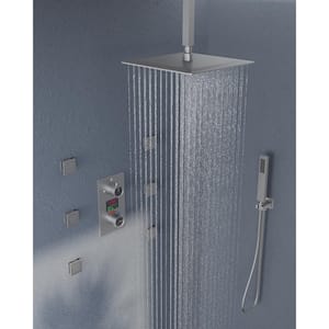 Pressure Balance Temperature Display 3-Spray Ceiling Mount 12 in. Fixed, Handheld Shower Head 2.5 GPM in Brushed Nickel