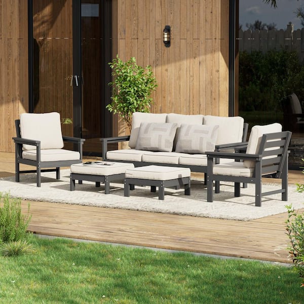 5-Piece All-Weather HIPS Patio Conversation Set with 3.9 in. Beige Cushions in Gray