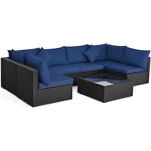 7-Piece Wicker Outdoor Sectional Set with Cushion Navy