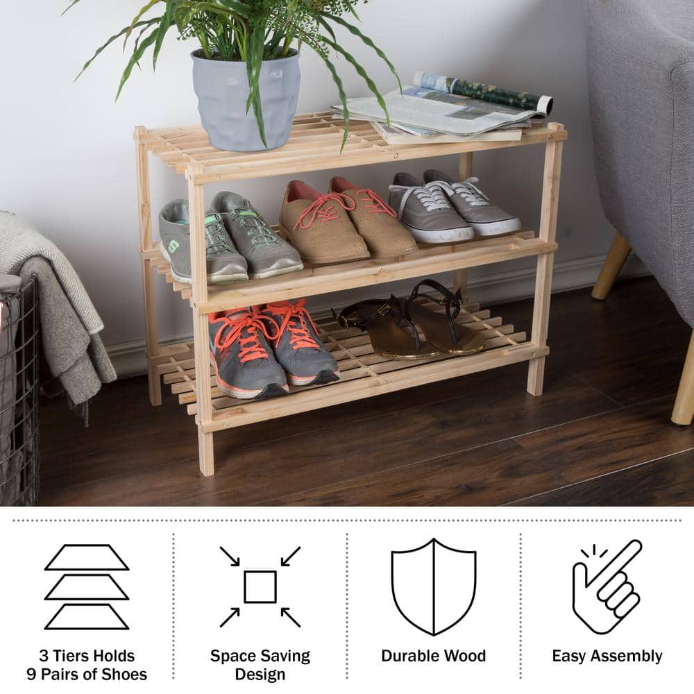 Light Oak 3-Tier Wooden Shoe Storage Rack