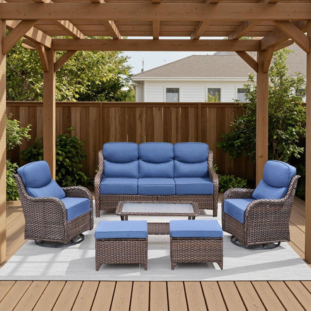 Arcadia Brown 6-Piece Wicker Patio Conversation Set with Swivel Gliders and 6-Inch Thick Olefin Navy Blue Cushions price history on PriceWatchPro