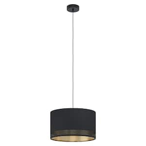Esteperra 15 in. W x 8.66 in. H 1-Light Black Pendant Light with Black and Gold Fabric Drum Shade