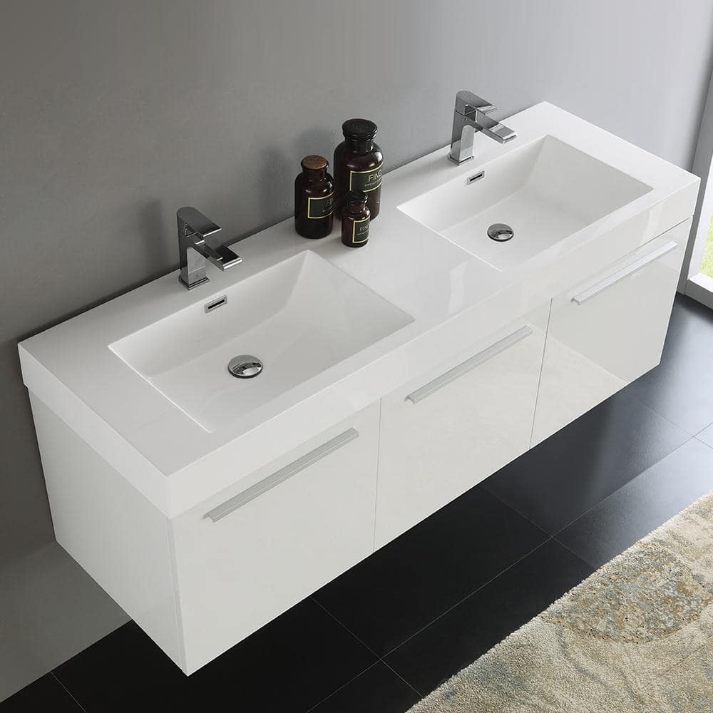 Vista 60'' Glossy White Wall Mounted Double Bathroom Vanity with Acrylic Top