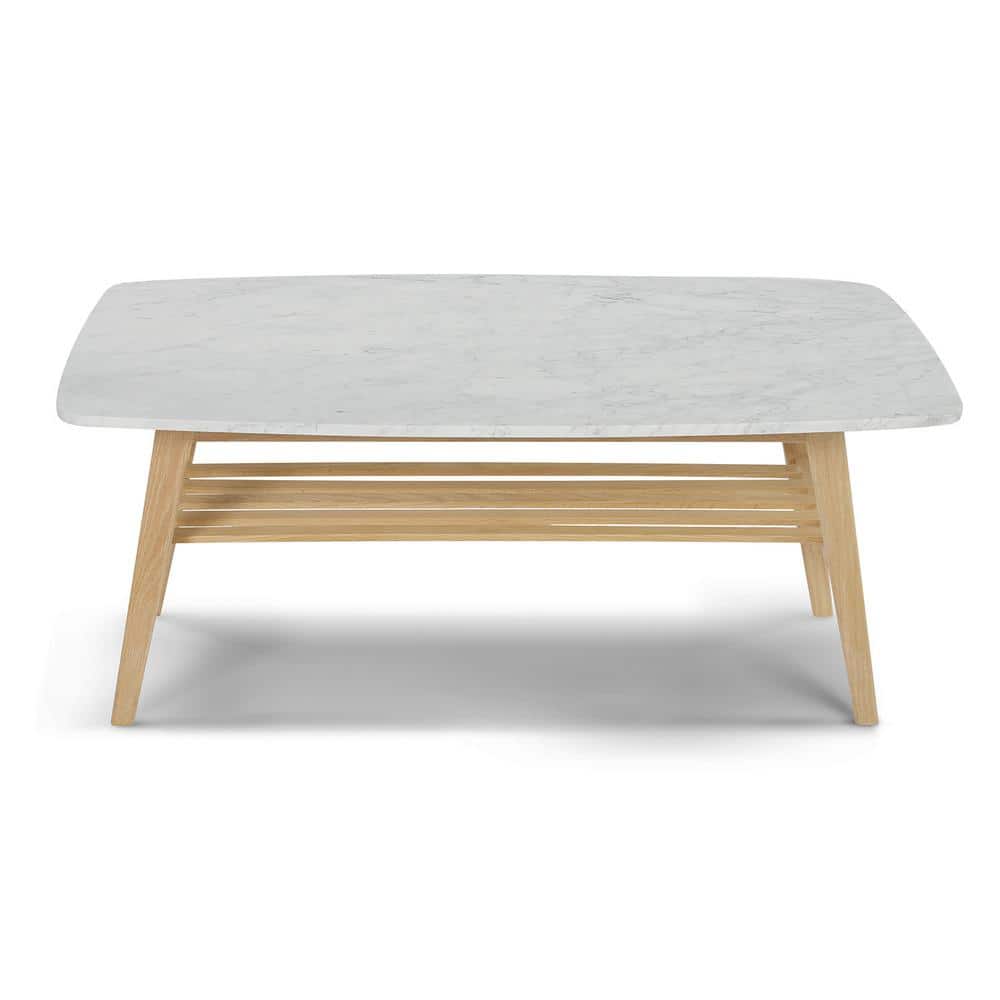 Laura 43" Rectangular White Marble Coffee Table with Oak Shelf