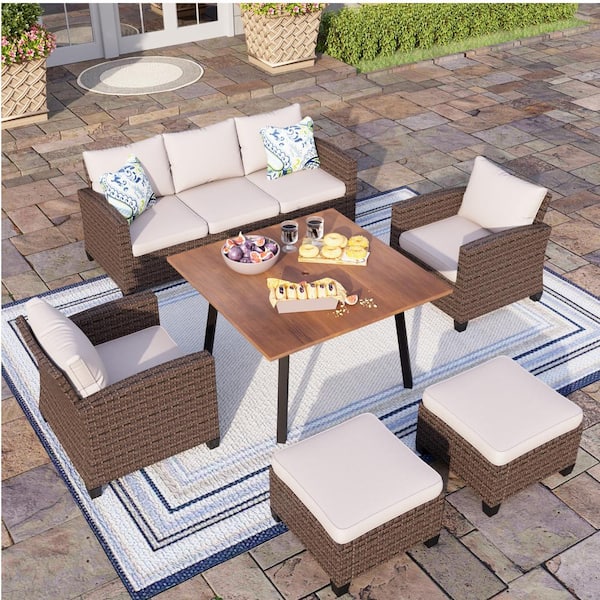 PHI VILLA Brown Rattan 7 Seat 6-Piece Steel Outdoor Patio Conversation Set with Beige Cushions, Wood-Look Square Table