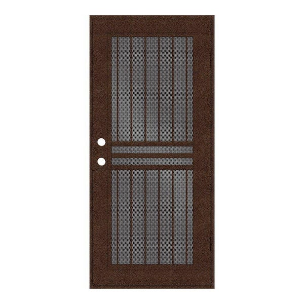 Unique Home Designs 30 in. x 80 in. Plain Bar Copperclad Left-Hand Surface Mount Aluminum Security Door with Black Perforated Screen
