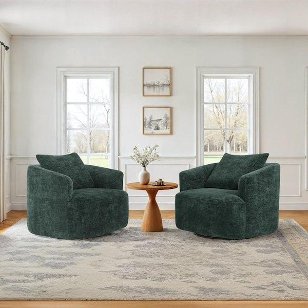 Green Chenille Fabric 360°Swivel Barrel Arm Chair U-shaped Swivel Accent Chair with Metal Base Set of 2