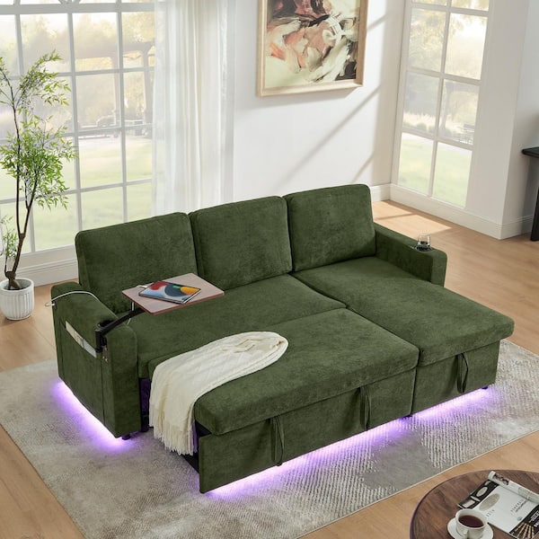 Ives 85 in. Chenille Upholstered Convertible Pull-Out Sectional Sofa in Green with Retractable Table, USB Ports, LED