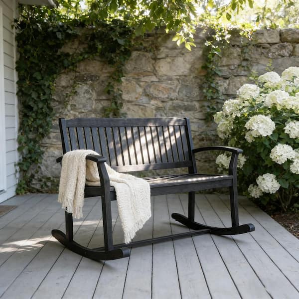 Dark Gray Acacia Wood Outdoor Rocking Chair, Rocking Loveseat with ...