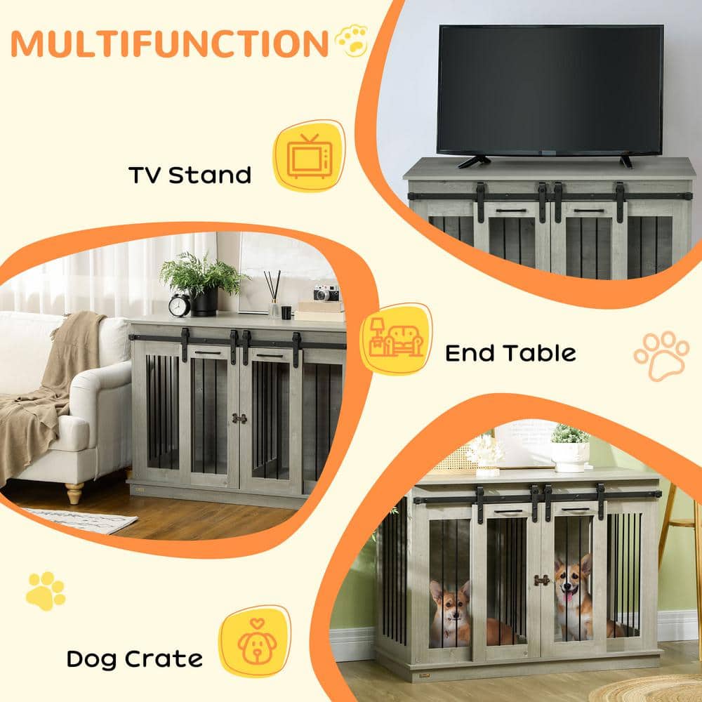 Large Gray Wood and Metal Dog Crate Table with Divider