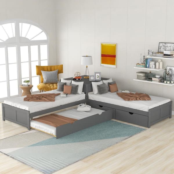 Seafuloy 117.6 in. L x 117.6 in. W Gray Pine L-shaped Platform Bed with Trundle Drawers and Table