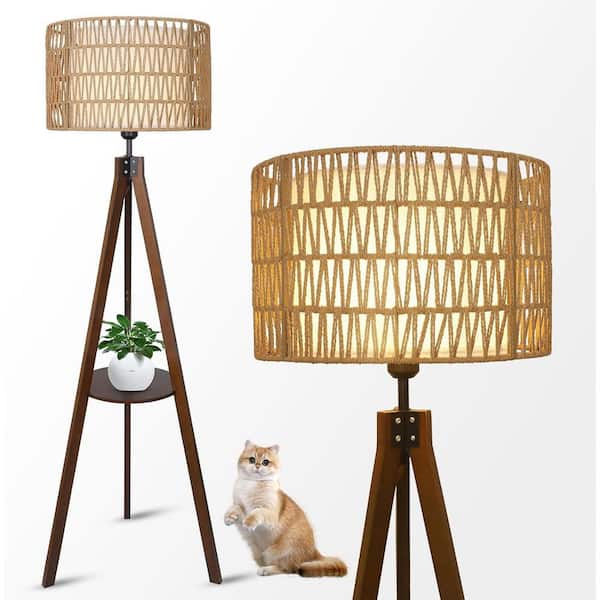 59 in. Modern Farmhouse Brown 1-Light Standard Floor Lamp for Living Room with Rattan & Fabric Shades and Foot Switch