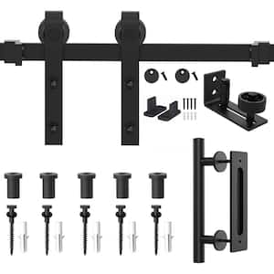 72 in. Frosted Black J Shape Sliding Barn Door Track and Hardware Kit with Handle Set
