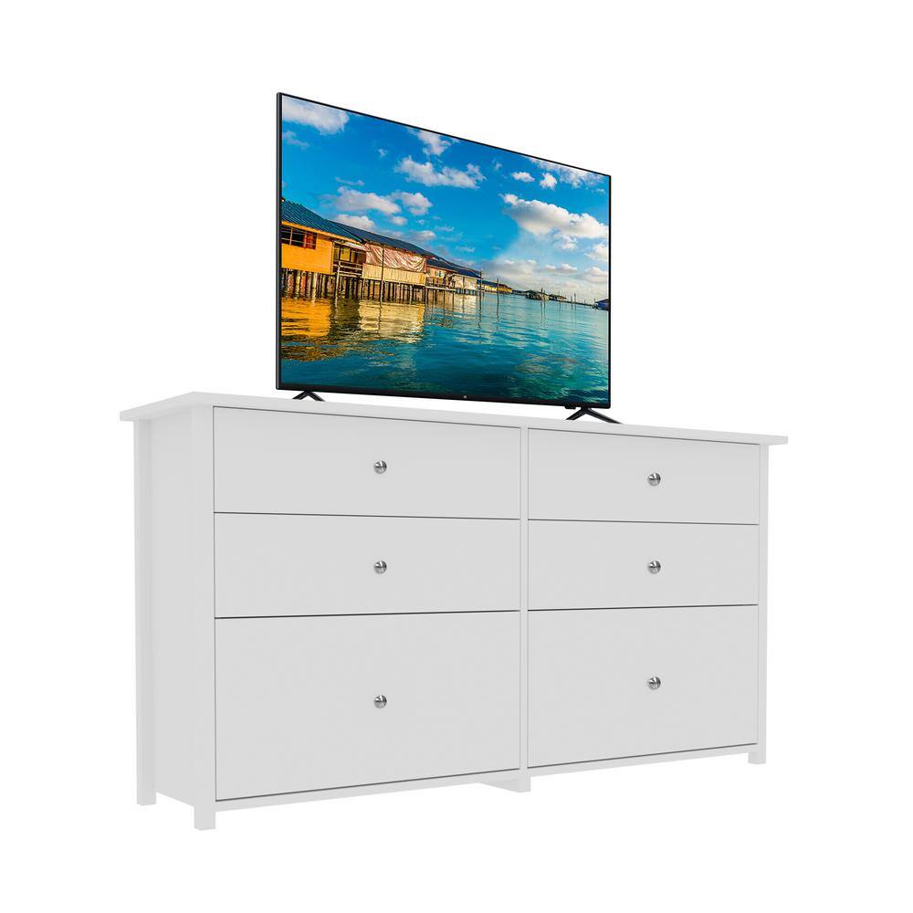 White 6-Drawer 56" Particle Board Dresser with Metal Knobs