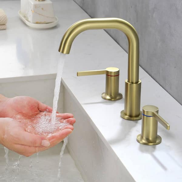 WANMAI 8 in. Widespread Double Handle Bathroom Faucet with Rotating Spout 3-Hole Brass Bathroom Sink Faucets in Brushed Gold