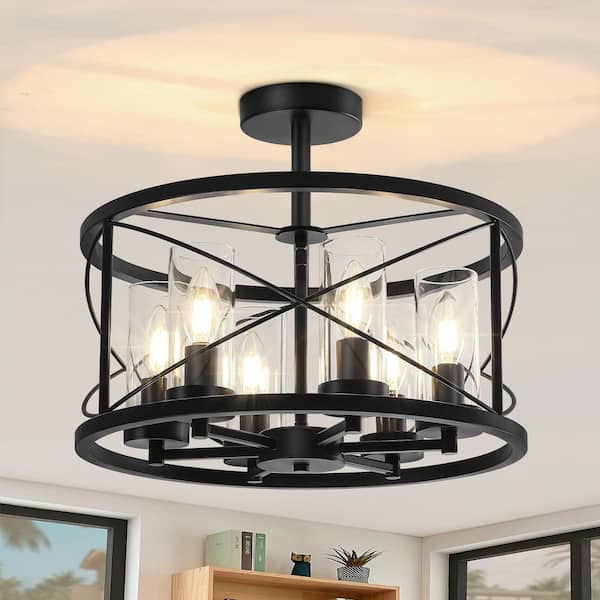 16.53 in. 6-Light Black Modern Drum Semi-Flush Mount Light with Clear Glass Shade