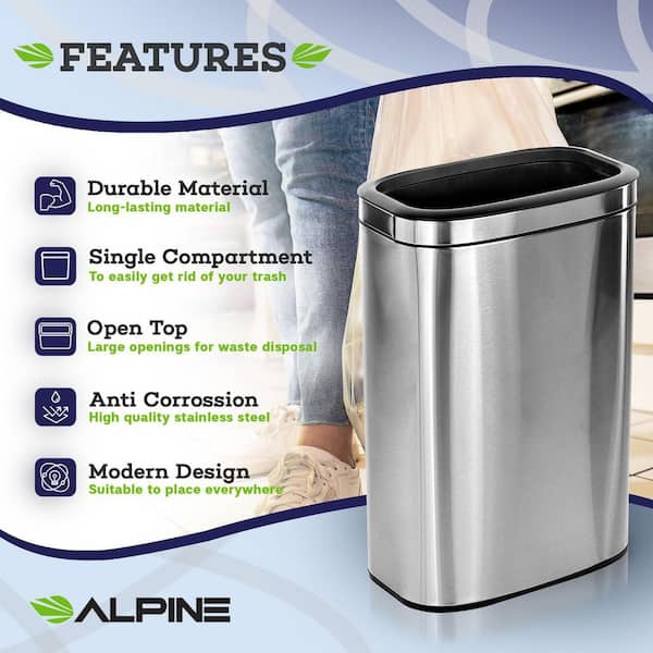 Alpine Industries 10.5 gal. Stainless Steel Rectangular Liner Open Top Trash Can 2 Pack (470-40L-2PK)