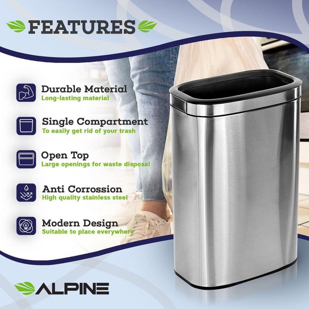 10.5 Gallon Brushed Stainless Steel Open Top Trash Can Set