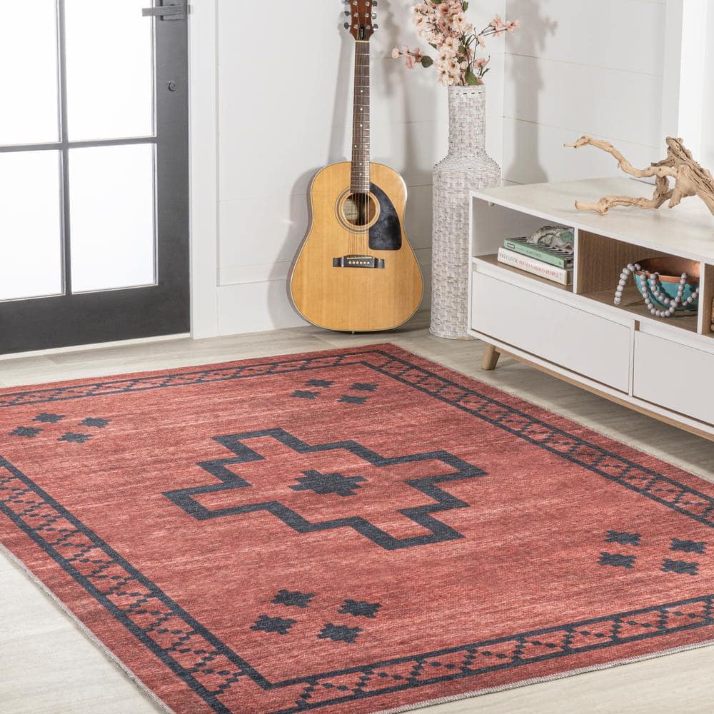 Korsa Red and Dark Gray Geometric 9' x 12' Washable Area Rug