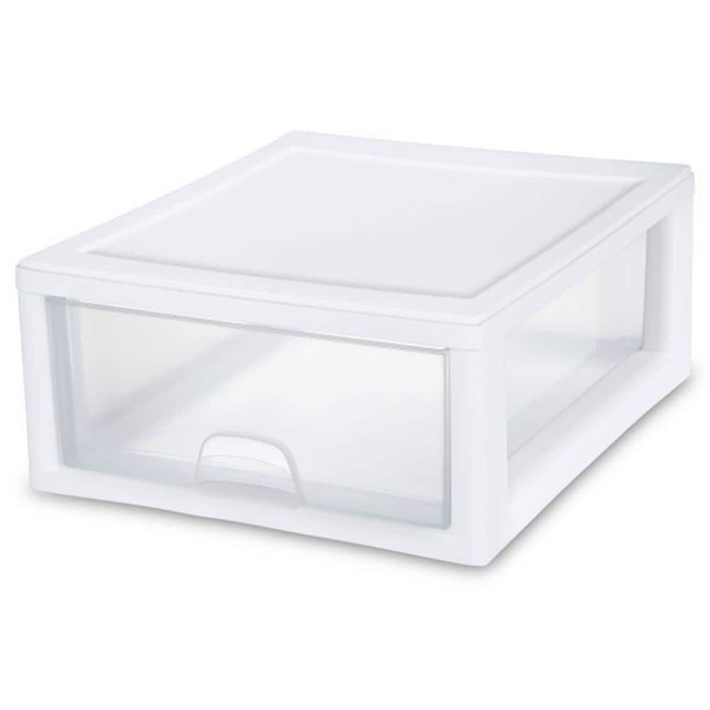 Clear and White 16 Quart Stackable Plastic Storage Drawers, Set of 18