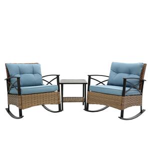 3-Piece Metal Patio Conversation Set Rattan Rocking Chair Table Set with Blue Cushions