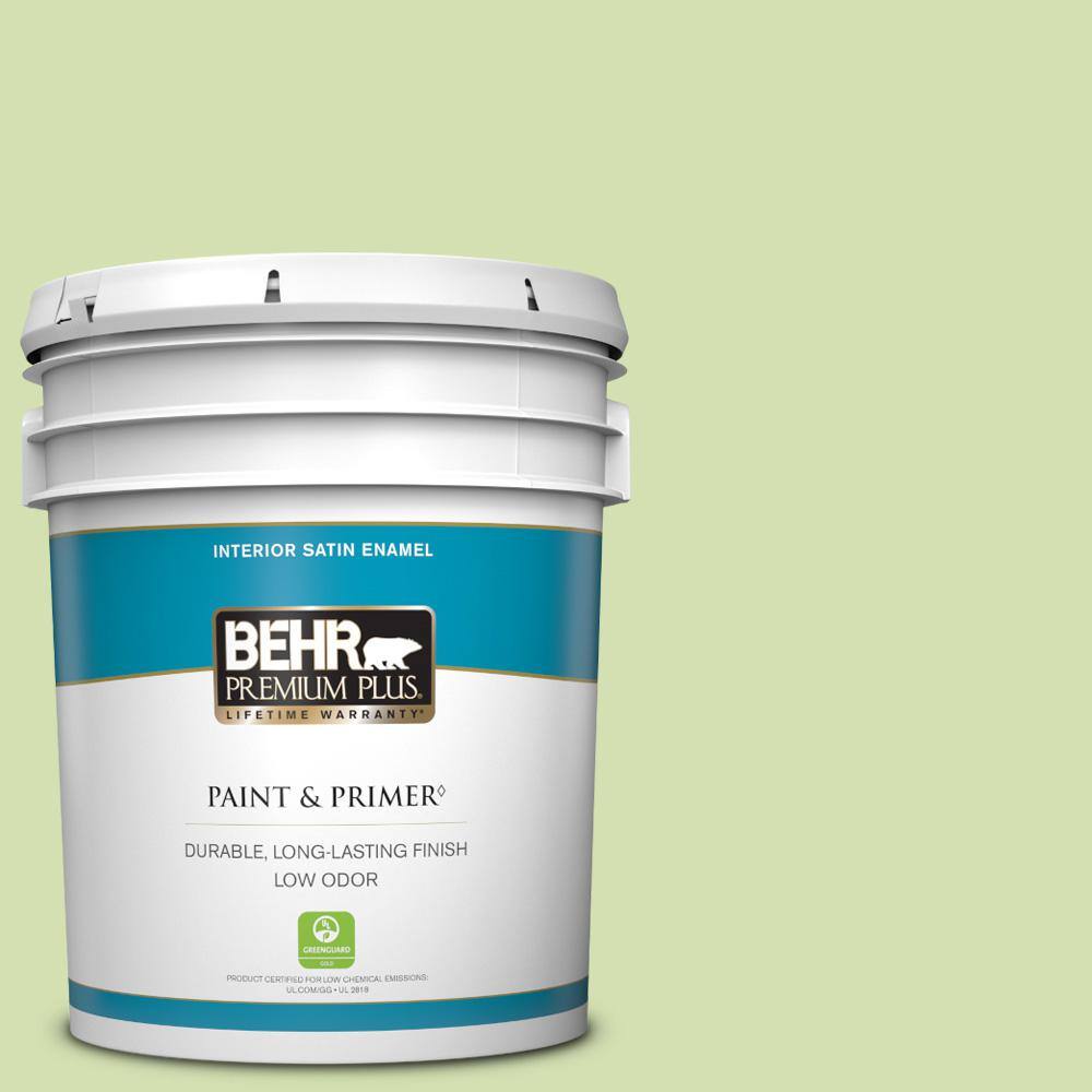 BEHR PREMIUM PLUS 5 gal. 420C3 Celery Bunch Satin Enamel Low Odor