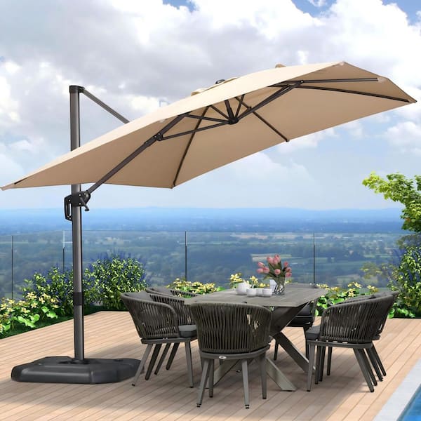 9 ft. x 11.5 ft. Aluminum Windproof Outdoor Cantilever Offset 360° Rotation Patio Umbrella with Base, Beige