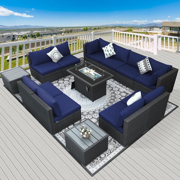 FINCATI Luxury Gray 13-Piece Wicker Metal Patio Fire Pit Sectional Deep Seating Set with Navy Cushions and 43 in. Firepit Table