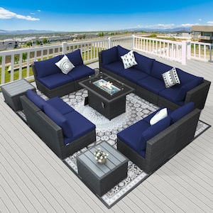 Luxury Gray 13-Piece Wicker Metal Patio Fire Pit Sectional Deep Seating Set with Navy Cushions and 43 in. Firepit Table
