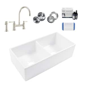 Bradstreet II 36 in. Farmhouse Apron Front Undermount Double Bowl White Fireclay Kitchen Sink with Nickel Faucet Kit