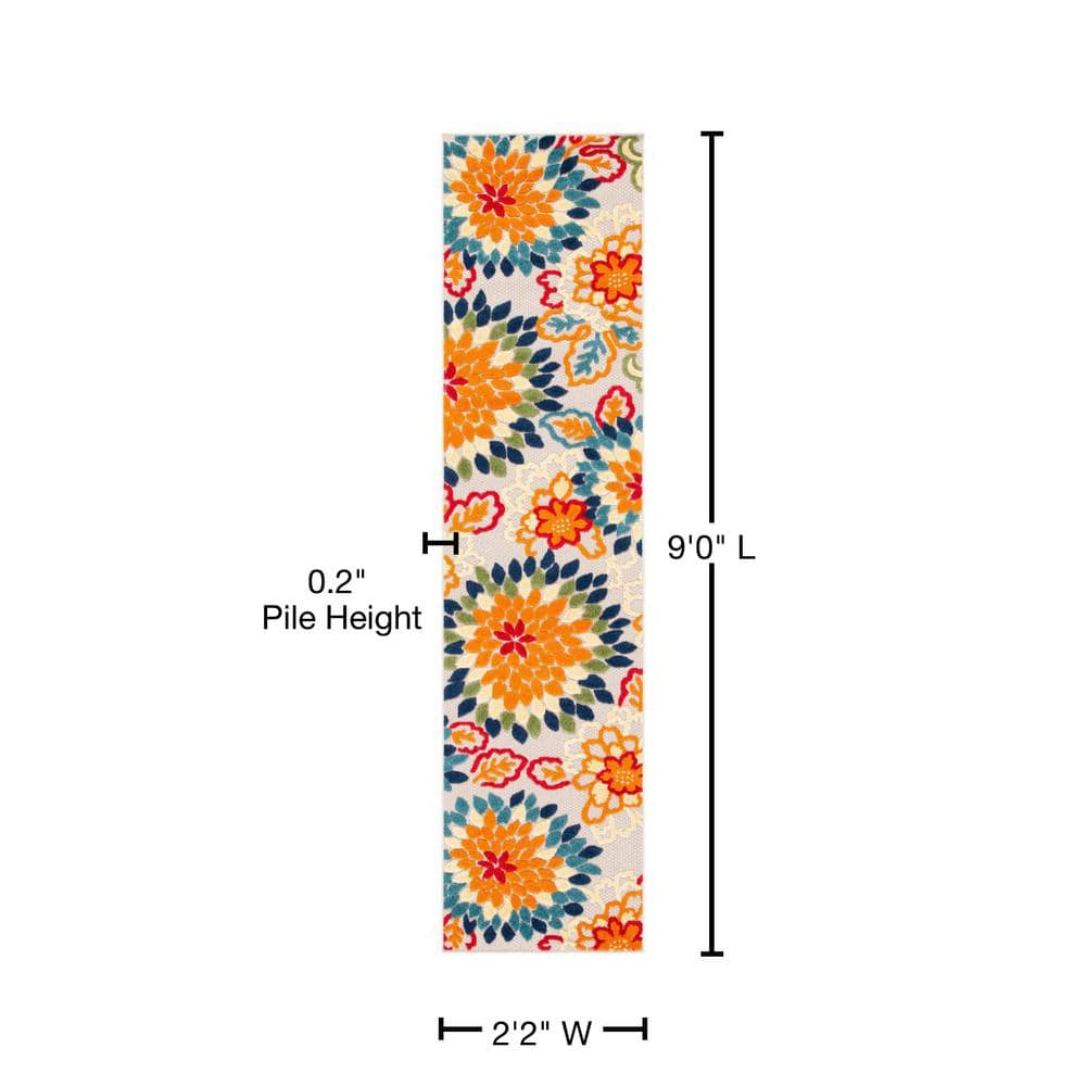 Ivory and Orange Floral Synthetic Runner Rug, 2'2" x 9'