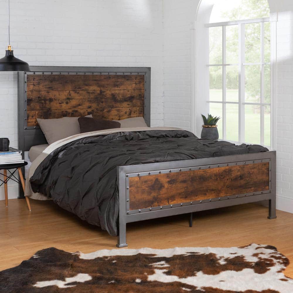 Rustic Industrial Queen Bed with Wood Headboard and Nailhead Trim