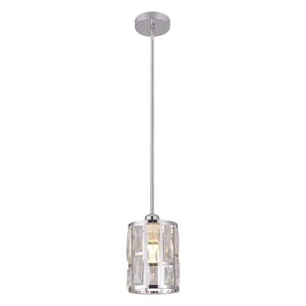 60-Watt 1-Light Silver Modern Crystal Pendant Light with Adjustable Height and Clear Glass Shade, No Bulbs Included